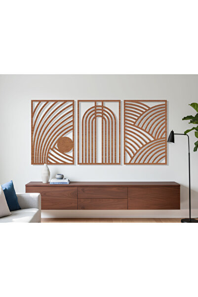 KEYWEL 3 Parça Modern Geometrik Ahşap Duvar Tablosu Seti – Dekoratif MDF Tablo
