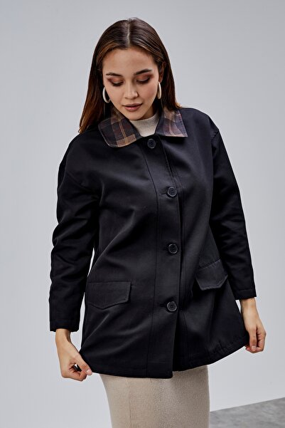 Bolivente Mia Black Plaid Collar Pocketed Oversized Trench Coat