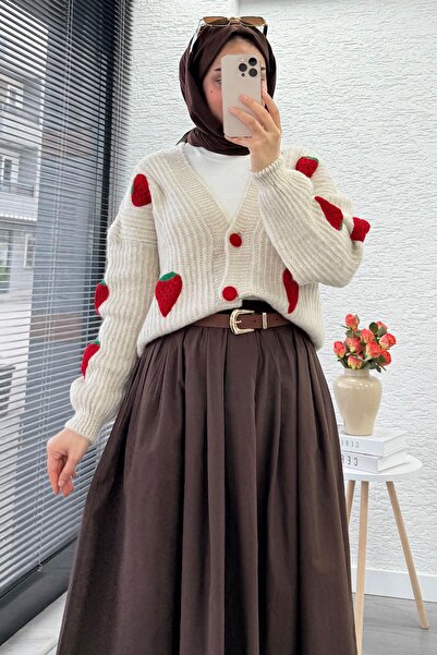 MELEK ARAZ Strawberry Patterned Short Oversized Knitwear Cardigan – Stone