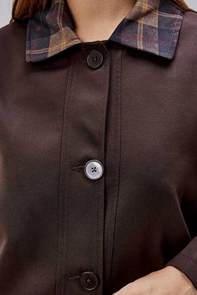 Bolivente Mia Bitter Brown Plaid Collar Pocketed Oversized Trench Coat