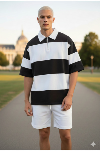 Modaikon Unisex Patchwork Polo Neck Half Zipper T-Shirt Shorts Set-Overisize ...