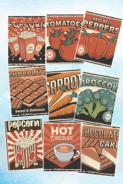 qoeuyl boutique Carte poștală cu tematică retro alimentară, 9 piese