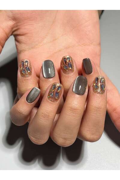 NailsTell F06 M Beden Kahve Renk Kedi Gözü Taşlı Simli Protez Jel Takma Tırna...