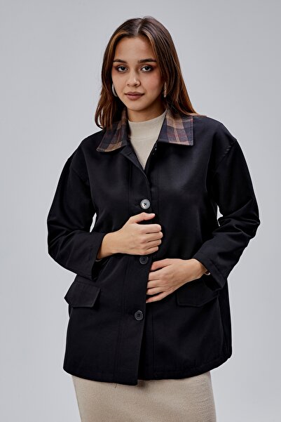 Bolivente Mia Black Plaid Collar Pocketed Oversized Trench Coat