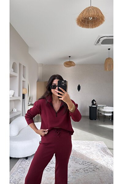 Buket Teke Claret Red Half Zipper Corded Fabric Basic Set