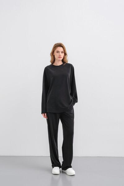 Basicpark Black Women's Soft Textured Crew Neck Basic Wide Leg Top and Bottom Set