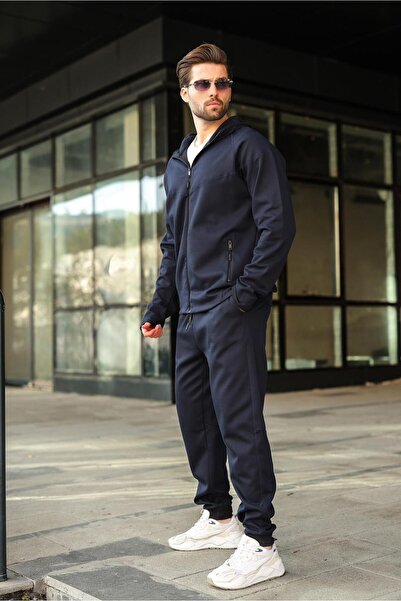 Madmext Navy Blue Men's Hooded Zippered Men's Tracksuit Set E7343
