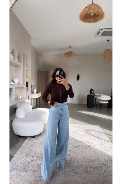 Buket Teke Brown Crew Neck Cashmere Semi-Sheer Blouse