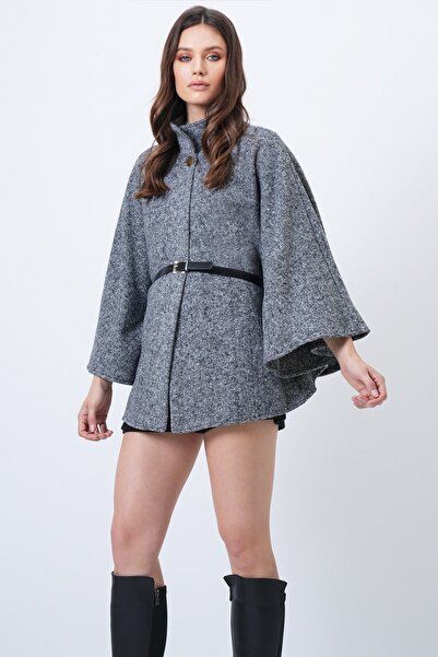 Trend Alaçatı Stili Women's Gray Mock Neck Button Belted Poncho Vs01652