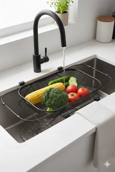 Kitchen Way مصفاة حوض غسيل الفواكه والخضروات من الفولاذ الأسود قابلة للتمدد م...