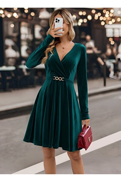 Viyamo Νέα σεζόν κομψό βελούδινο μίνι φόρεμα διπλό πέτο με λεπτομέρεια σχεδίασης με γιακά και αγκράφα