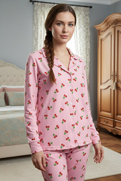 Fanwet Women's Suede Velvet Long Sleeve Cherry Patterned Front Buttoned Pajama Set