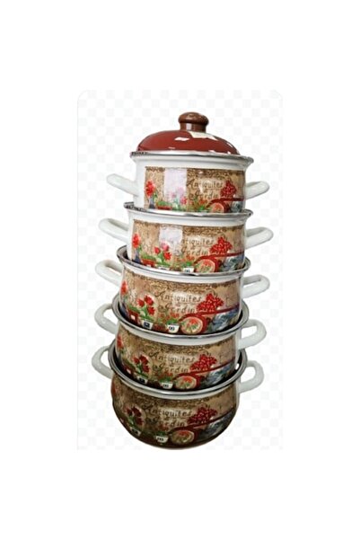 Arian 5-piece enameled pot set with lids, Antiquites du Jardin (2.1L, 2.8L, 3.8L, 4.8L, 6.2L)