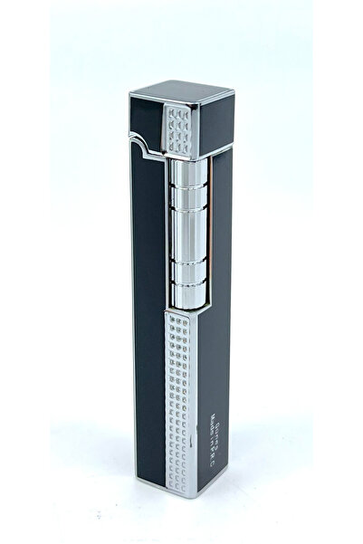 ZENİTH Slim Kare Metal Çakmak - Siyah/Gümüş Renk - Taşlı Gazlı