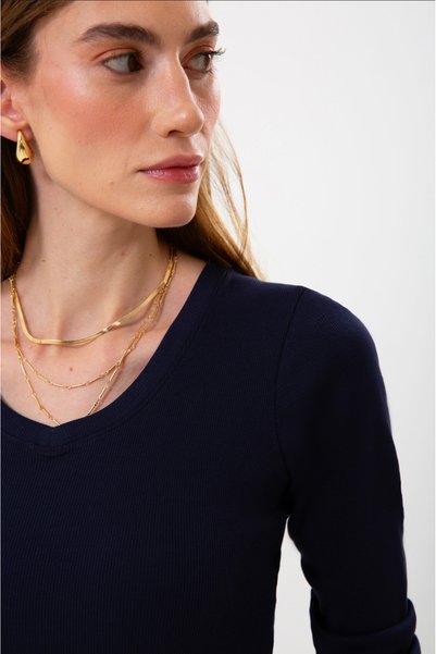 UNIQVIBE Organic Cotton Navy Blue Corded Fabric Women's Long Sleeve V-Neck Blouse