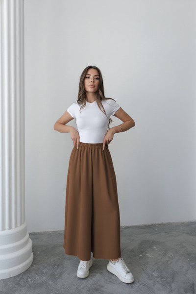Hatun Atila Elastic Waist Wide Cut Flared Aerobin Trouser Skirt 88843 - Brown