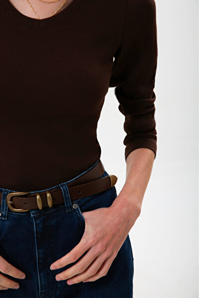 UNIQVIBE Organic Cotton Brown Corded Fabric Women's Long Sleeve V-Neck Blouse