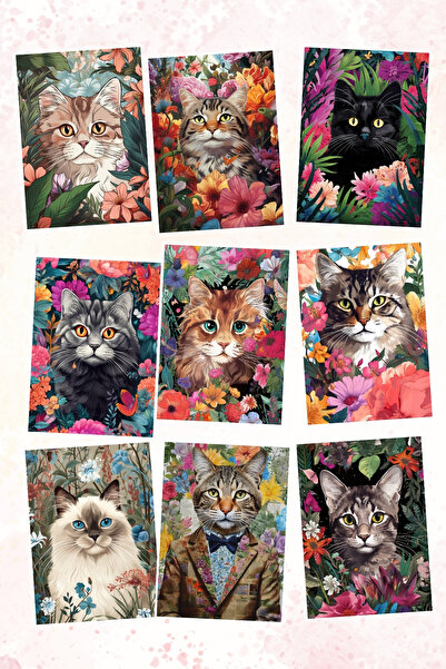 qoeuyl boutique Καρτοποστάλια 9 τεμαχίων με χαριτωμένα γάτες και λουλούδια