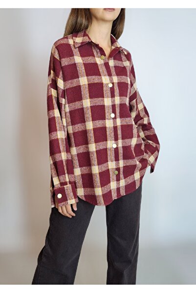 oyagüler Women's Burgundy Plaid Cotton Button-Up Shirt Yy101293