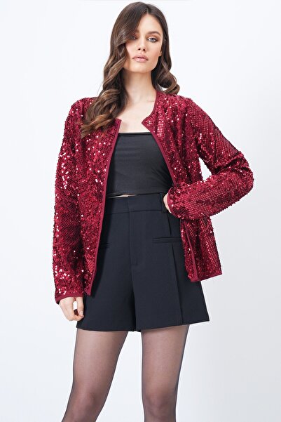 Trend Alaçatı Stili Women's Burgundy Sequined Open Form Jacket Vs01653