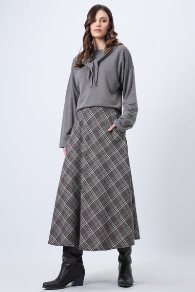 Trend Alaçatı Stili Women's Mink High Waist Plaid Pattern Midi Skirt Vs01718