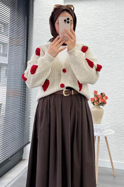 MELEK ARAZ Strawberry Patterned Short Oversized Knitwear Cardigan – Stone