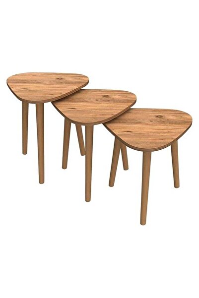 Generic Set of 3 Pine Wood Nesting Coffee Tables, Round Wooden Tops