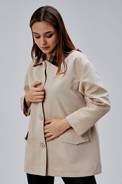 Bolivente Mia Mink Plaid Collar Pocketed Oversized Trench Coat