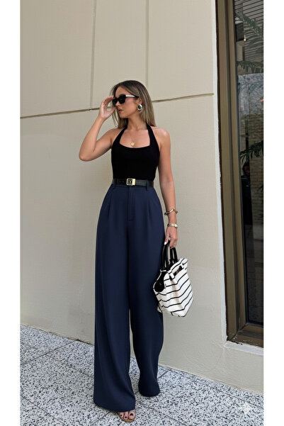 leymoda Kadın Pileli Pantolon Yüksek Bel Palazzo Kumaş Pantolon