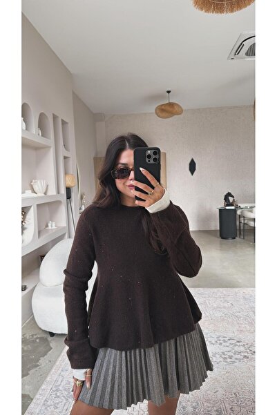Buket Teke Brown Sequined Flounce Soft Sweater