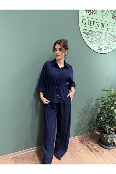 Greenboutique Navy Blue Crinkle Fabric Shirt Pants Set