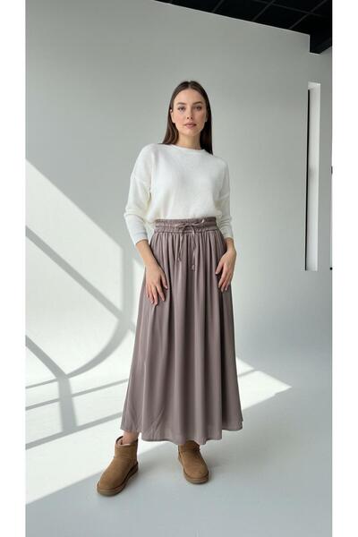 Eight Fashion Women's Satin Beige Color Elastic Waist Drawstring Long Skirt