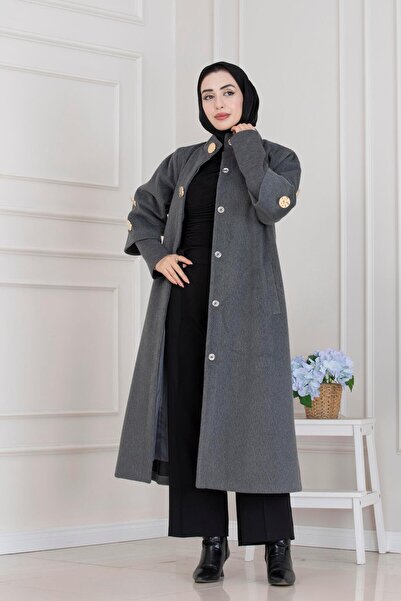 Sevitli Hakim Collar Brooch Button Detailed Coat-Anthracite