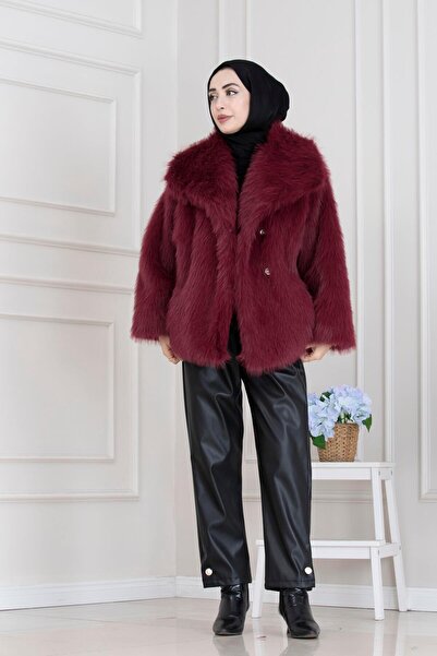 Sevitli Guler șal cu velcro din blană artificială-burgundy