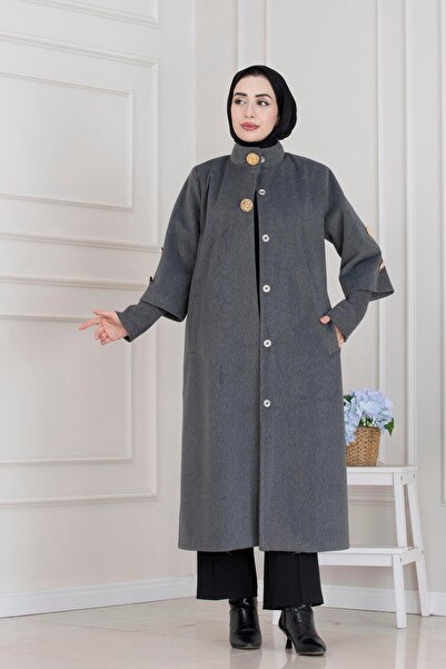 Sevitli Hakim Collar Brooch Button Detailed Coat-Anthracite