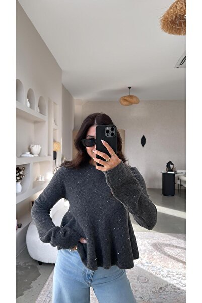 Buket Teke Anthracite Sequined Flared Soft Sweater