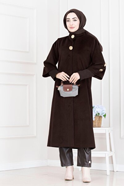 Sevitli Hakim Collar Brooch Button Detailed Coat-Aci Brown
