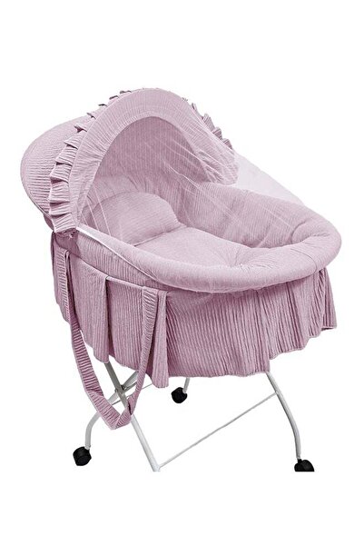 BabyCara سرير أطفال حديثي الولادة مصنوع من قماش قطني مع حامل حديدي قابل للطي وناموسية باللون الوردي