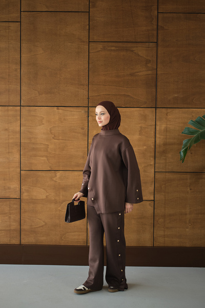 LOCCO Women's Mock Neck Set Brown