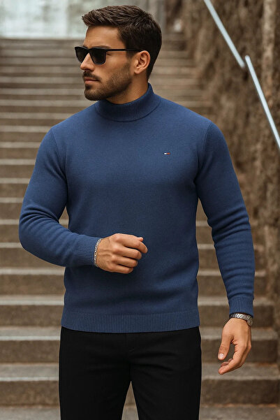 comstar Men's Half-Throated Premium Navy Blue Knit Sweater