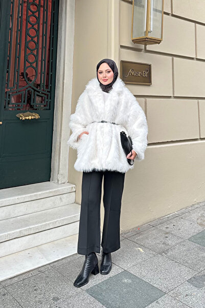 LOCCO Women's Sim Detail Belted Coat Ecru