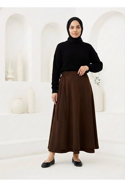 Foremia Front Cover Detail Scuba Skirt-Brown