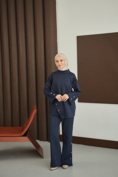 LOCCO Women's Mock Neck Set Navy Blue