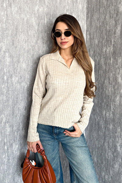 ModaPlaza Women's Corded Fabric Polo Neck Sweater 5059