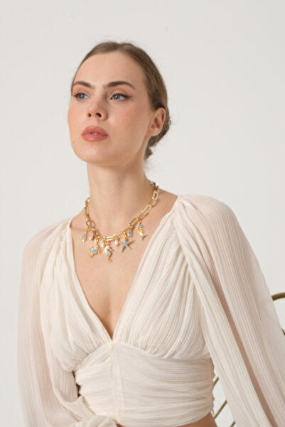 db DİLEK BAŞ TASARIM Gold Zincirli Zirkon Taş Uçlu Kolye