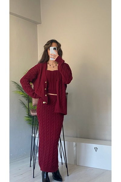 Butik Kadın saç örgü detaylı etek hırka crop üçlü triko takım -bordo