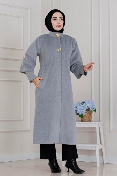 Sevitli Hakim Collar Brooch Button Detailed Coat-Grey