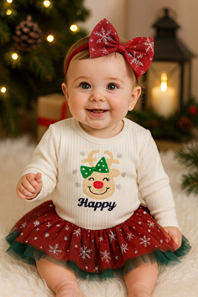 Yollo Kids طقم بودي سوت مع تنورة مزينة بتصميم القمر لعيد الميلاد/الكريسماس