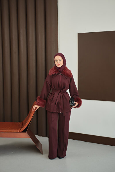 LOCCO Women's Suit with Fur Detail on Sleeves and Collar, Burgundy