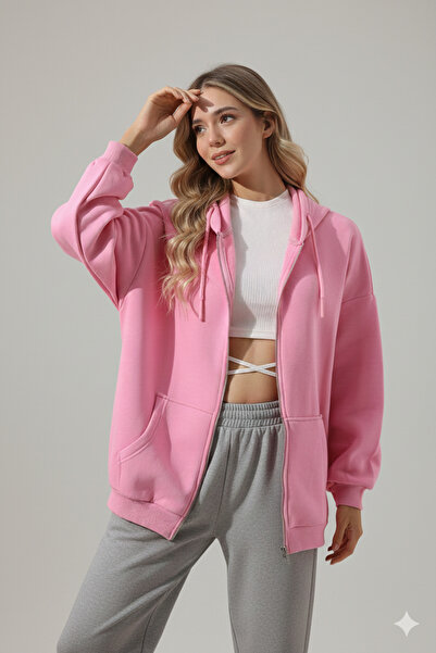 Modaikon Women's Pink Black Hooded Zipper Cardigan